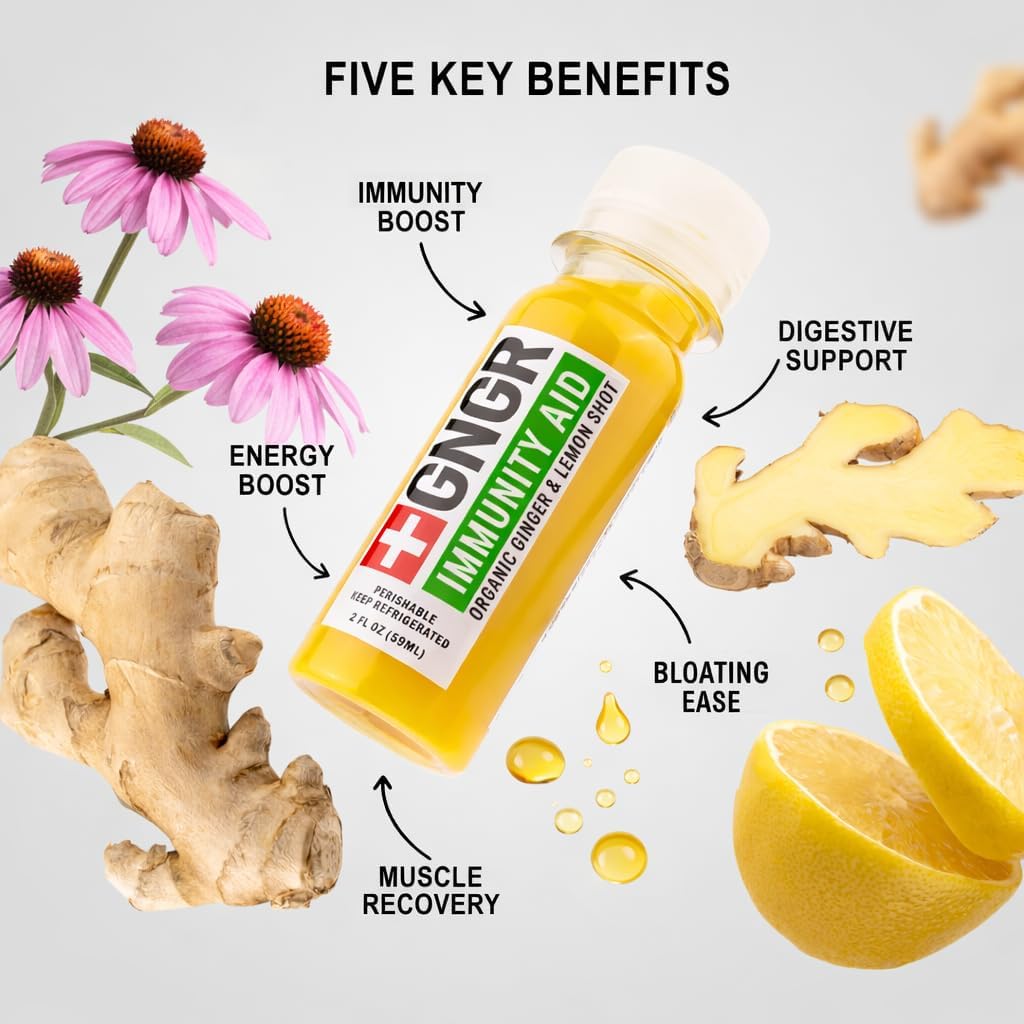 +GNGR Immunity Aid - Organic Cold-Pressed Ginger Shot with Lemon, Honey & Echinacea. Extra-Strength Ginger Shots for Circulation, Immune & Digestive Support. Throat Soothing Shots. 2 fl oz (Pack of 12)