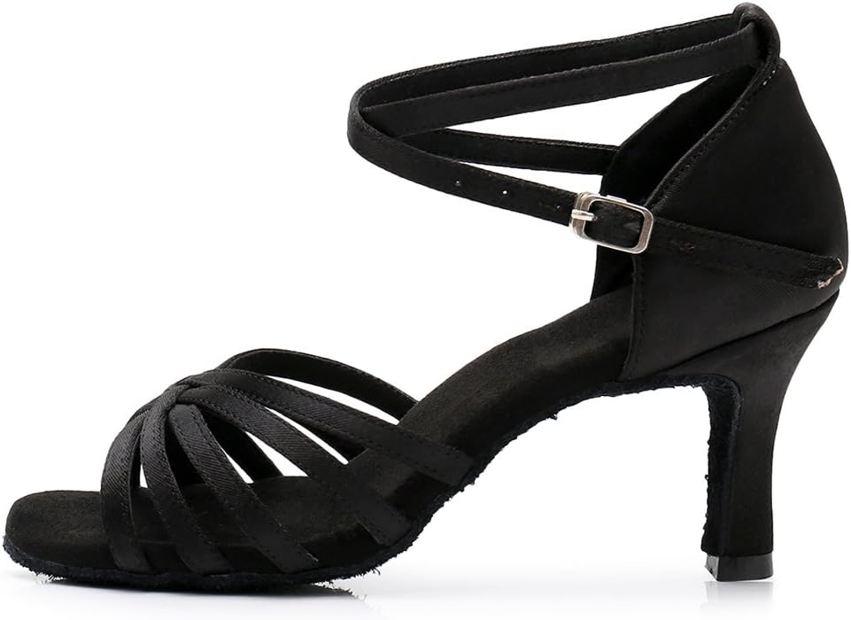 [HIPPOSEUS] 女子ハイヒールラテンダンスシューズ黒サテン社交ダンス練習靴,24 cm
