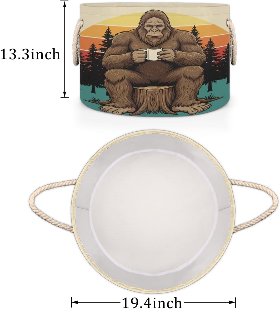 Large Storage Baskets - Retro Forest Bigfoot Nursery Round Collapsible Organizer Bin Box, Laundry Hamper for Kids Toys, Blanket, Bedroom Living Room Home Decor, Gift Basket, 19.4"x13.3"