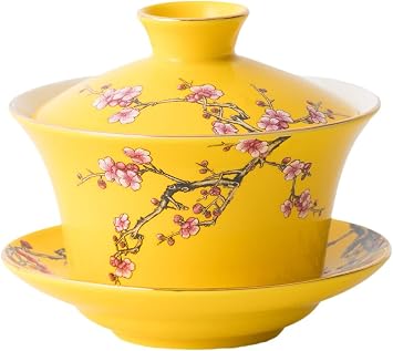 10oz Large Gaiwan, Ceramic Teacup -Embossed Plum Patterns Yellow