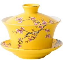 YBK Tech 10oz Large Ceramic Teacup, Chinese Traditional Gaiwan-Embossed Plum PatternsYellow