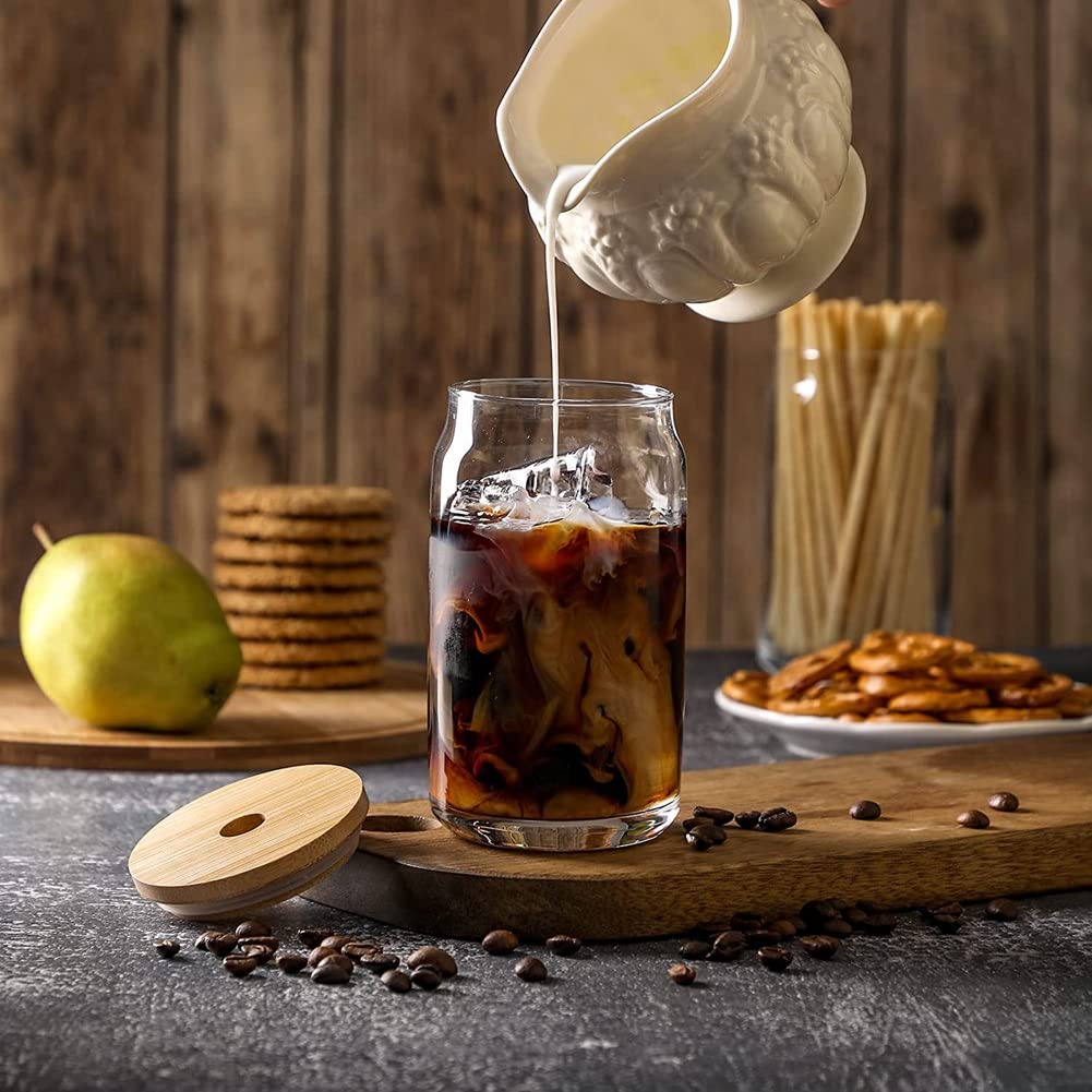 Juego de 6 vasos de cristal con tapas de bambú y pajita de cristal, vasos en forma de lata de cerveza, vasos de café helado de 16 onzas