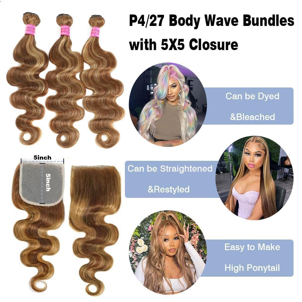 Ombre Brown Highlight Human Hair Body Wave Bundles with 5x5 Closure 100% Unprocessed Brazilian Highlight Body Wave Human Hair 3 Bundles with 5X5 Closure Piano Color
