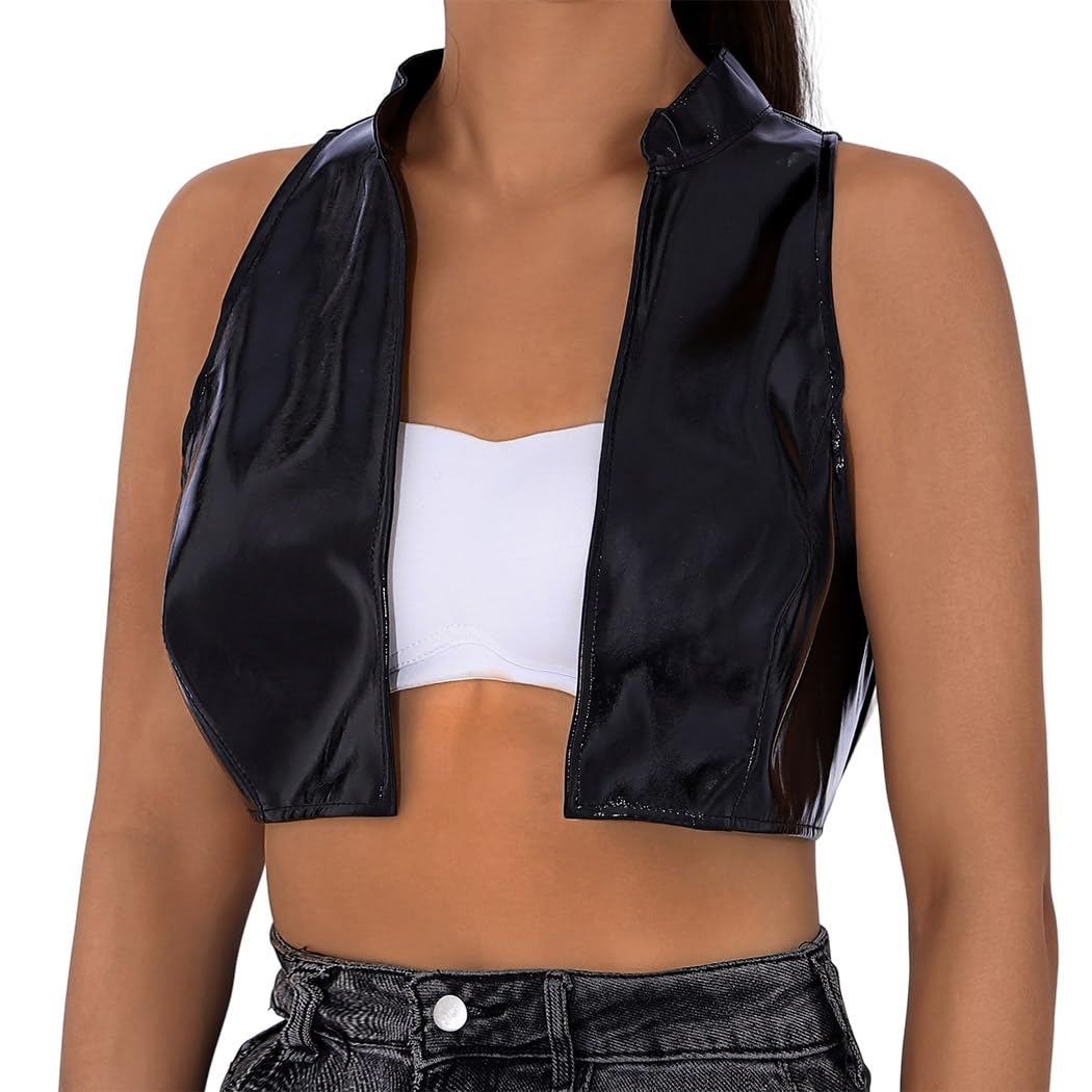 UshinyLeather Vest Black Crop Top Mock Neck Sleeveless Tank Top Rave Costume for Women and Girls (as8, alpha, s, regular, regular, Black)