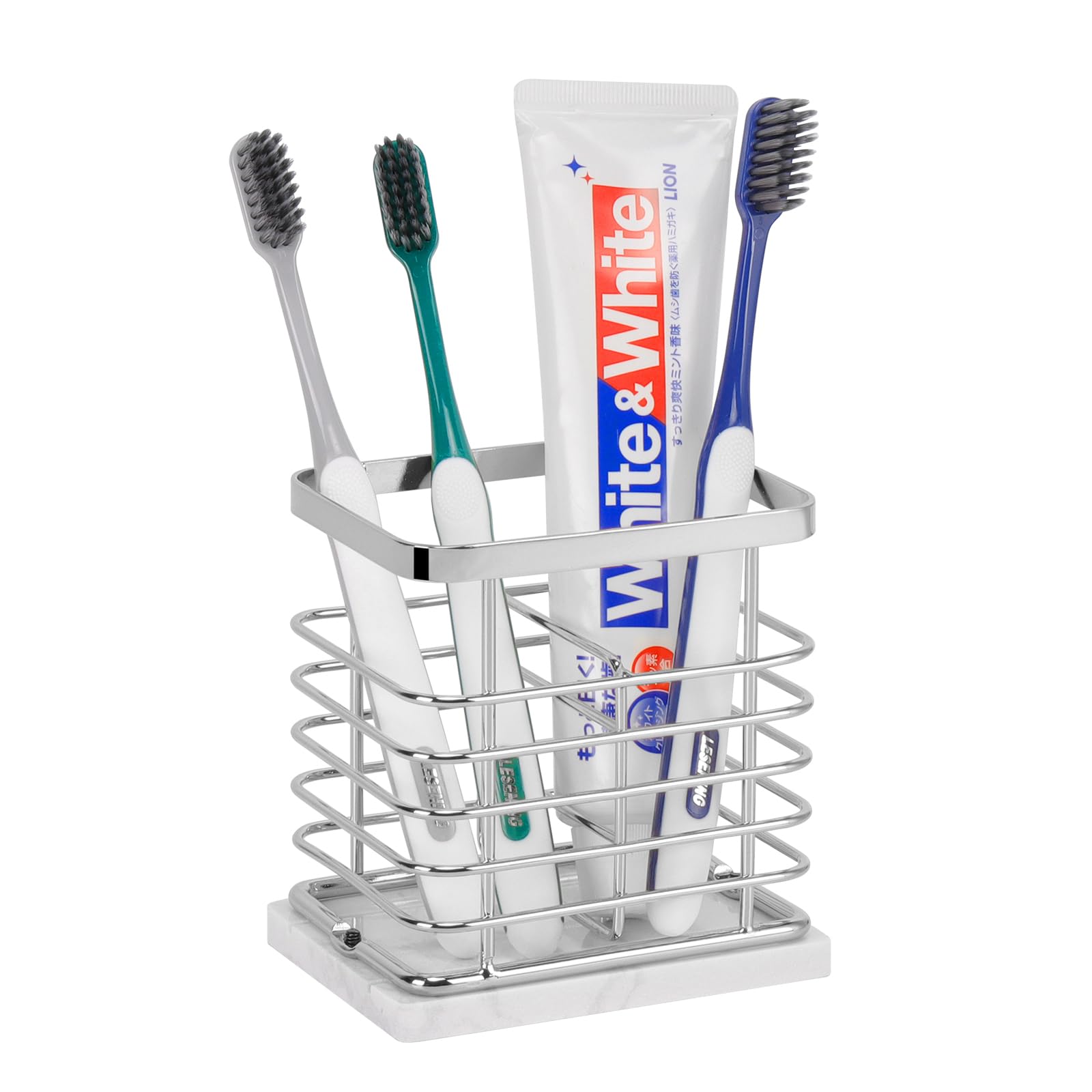 HarJue Toothbrush Holder, Luxurious Metal Toothbrush Toothpaste Holder for Bathroom, Multi-Slots Openwork Design, Bathroom Accessory for Storage and Organizer (Marble Base-2 Slots, Chrome)