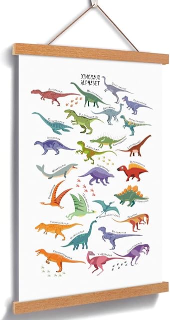 Creative Dinosaur Magnetic Natural Wood Hanger Frame Poster ,Canvas Animal Dinosaur Alphabet Painting 28X45cm Wall Hanging Art Print for Kids Room Classroom Nursery Decor