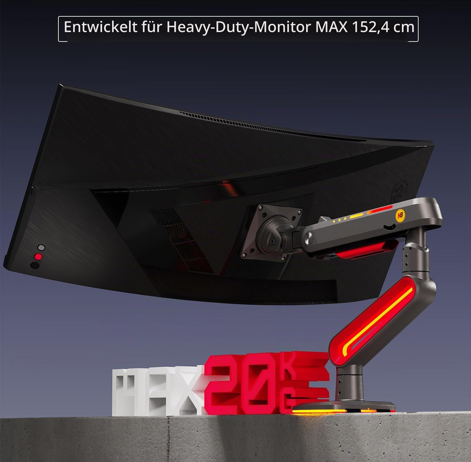 NB Ergonomic Monitorarm for Ultrawide Bildschirme bis zu 60 Zoll, Gaming Monitor Halterung Arms Last bis zu 20 kg, C-Clamp & Grommet Installation VESA 75/100 mm (Rot)