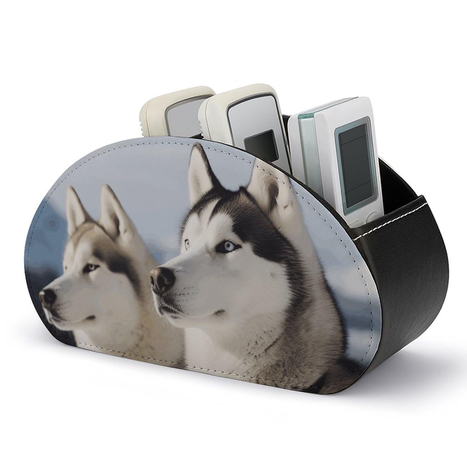 VstaDank Husky Dogs Remote Control Holder with 5 Compartments PU Leather Remote Caddy Desktop Organizer Store TV Remote Control Storage Box for Home Office Desk Nightstand