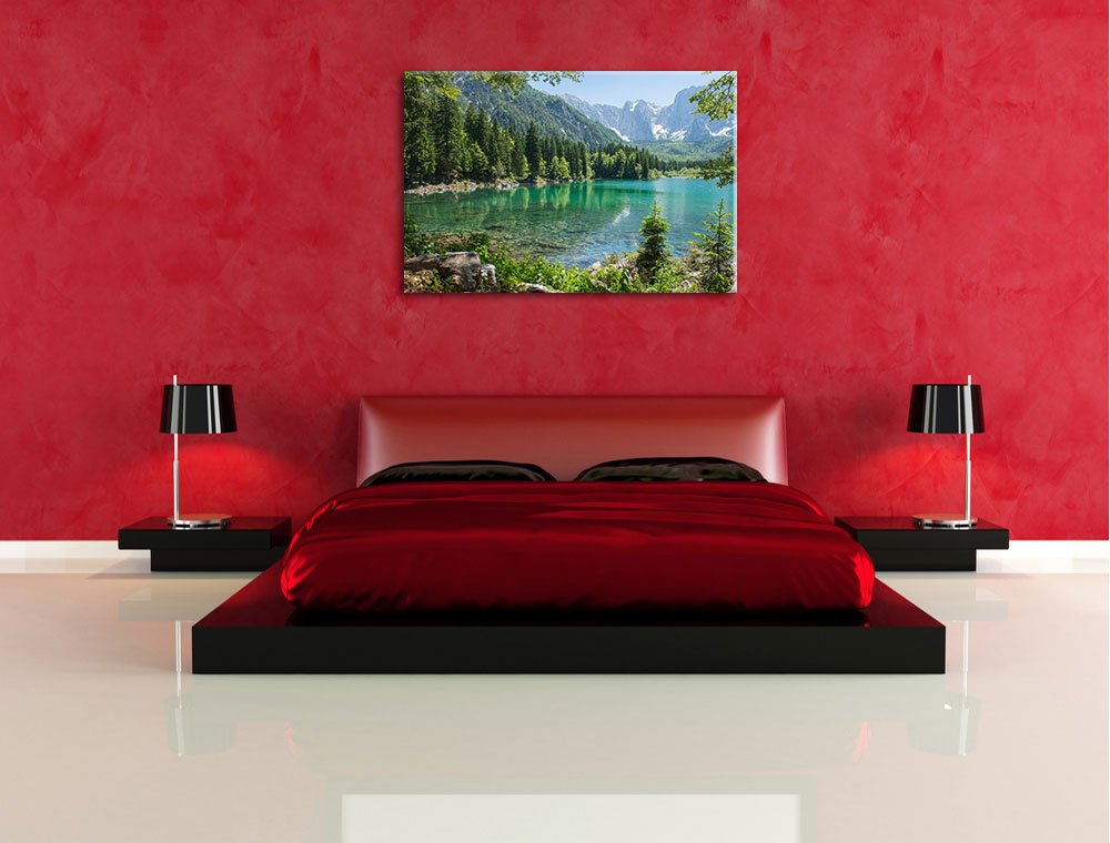 Pixxprint Wunderschöner See im Wald, Größe: 120x80cm, Leinwandbild, fertig gespannt, Wandbild, Dekoration, Kunstdruck, kein Poster