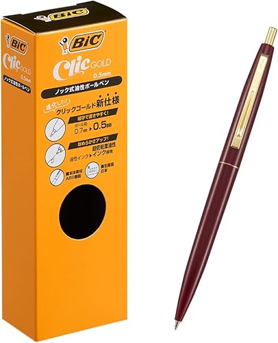 Bic Big CFCGBUR05BLKJ Click Gold Ballpoint Pen, 0.5, Oil-based, Black, Smooth, Burgundy Shaft, 12 Pieces