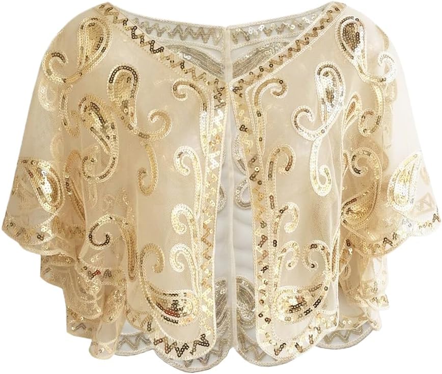 1Pcs Champagne 1920s Flapper Shawl with Sequin Detailing Breathable Mesh Elegant Short Cape for Women Parties Prom