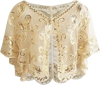 1Pcs Champagne 1920s Flapper Shawl with Sequin Detailing Breathable Mesh Elegant Short Cape for Women Parties Prom