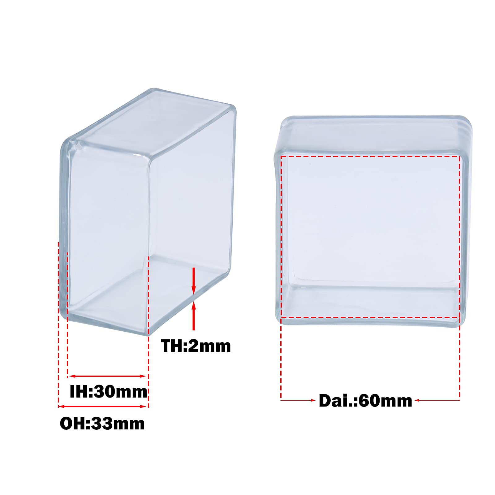 Flyshop Transparent Square 12PCS Furniture Leg Caps PVC Chair Leg Floor Protectors Non-Scratch Reduce Noise Table Chair Leg Tips Caps 2-3/8" x 2-3/8" (60 x 60 mm) - Image 2