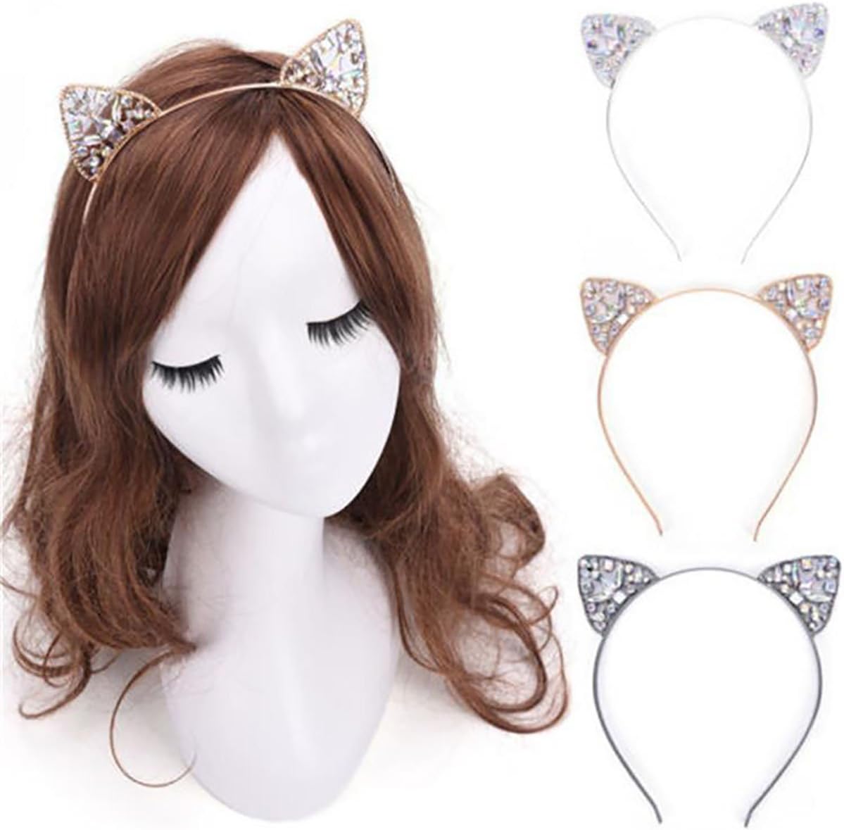 Fodattm 3PCS Girls Upscale Cat Ear Hair Hoop Headband Women Lady Hair Band Headwear Hair Accessories (Rhinestone) - Image 4