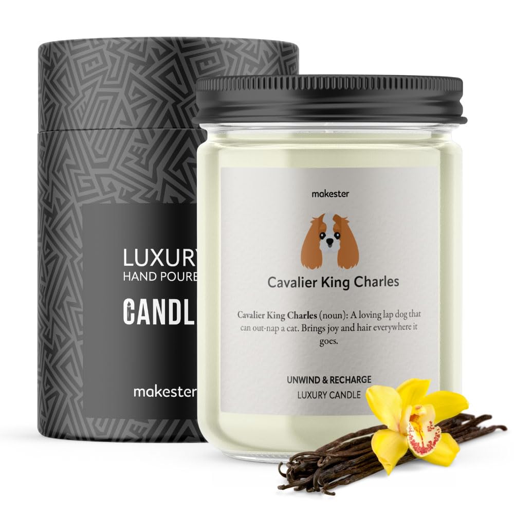 Makester King Charles Cavalier Candle - 220g Soy Wax with Madagascan Vanilla, Jasmine & Sugared Almond - King Charles Cavalier Gift for Christmas or Birthday - Dog Lover Candles