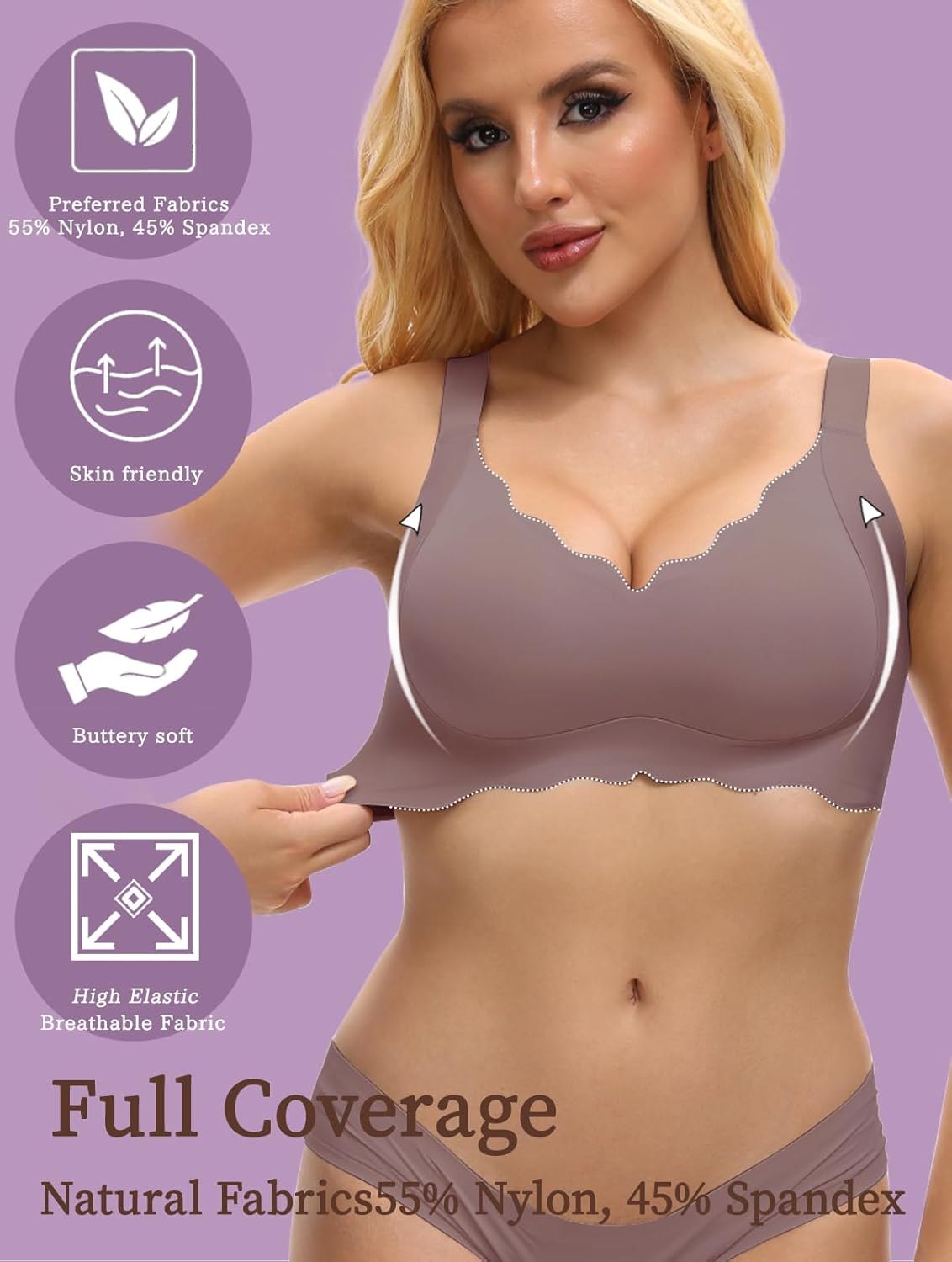 Scalloped Lift Bras for Women No Underwire Buttery Soft Push Up Wireless Bras V Neck Seamless Bralettes - Image 2