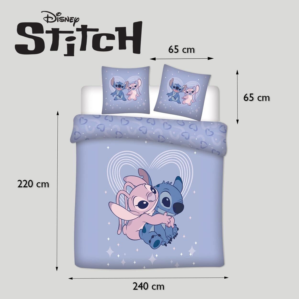 Stitch et Angel Housse de Couette 240x220 + 2 Taies 65x65 Polycoton Cadeau | Parure de lit 2 personnes | Duo Stitch & Angel complice | Séchage rapide facile entretien | St-Valentin | Adulte