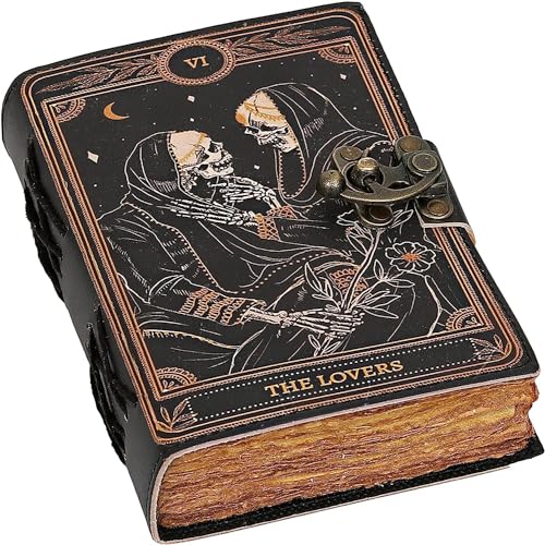 C CUERO Libro de hechizos Diario de cuero con borde de cubierta de papel Grimoire Impreso Diario The Lovers Tarot Cuaderno espiral gótico amante de la calavera Diario de cuero vintage antiguo para