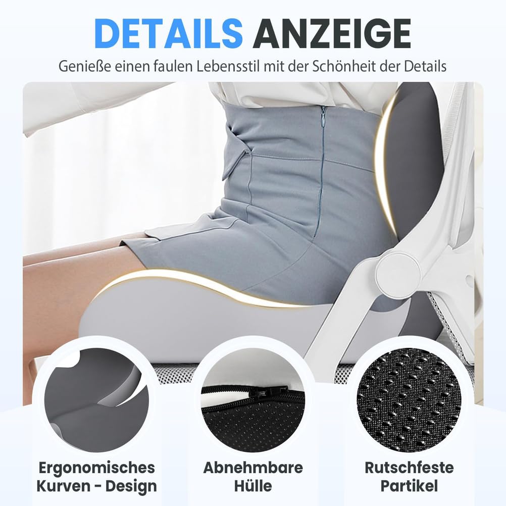 Cojín de espuma viscoelástica para respaldo y asiento con soporte lumbar, tela antideslizante para coche y silla de oficina, comodidad ergonómica, color gris claro