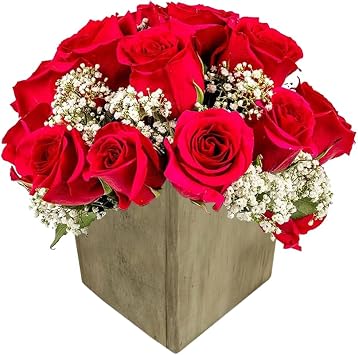 18 Hot Pink Roses + Babys Breath in Wooden Vase Aquabloom Arrangement | Arabella Bouquets | Real Fresh Flowers for Delivery, Gift for Birthday, Congratulations, Anniversary