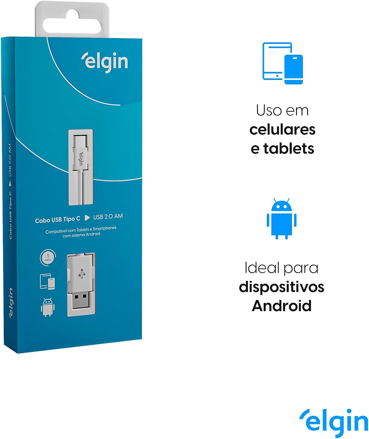 Cabo USB Tipo C Elgin 1 metro Branco