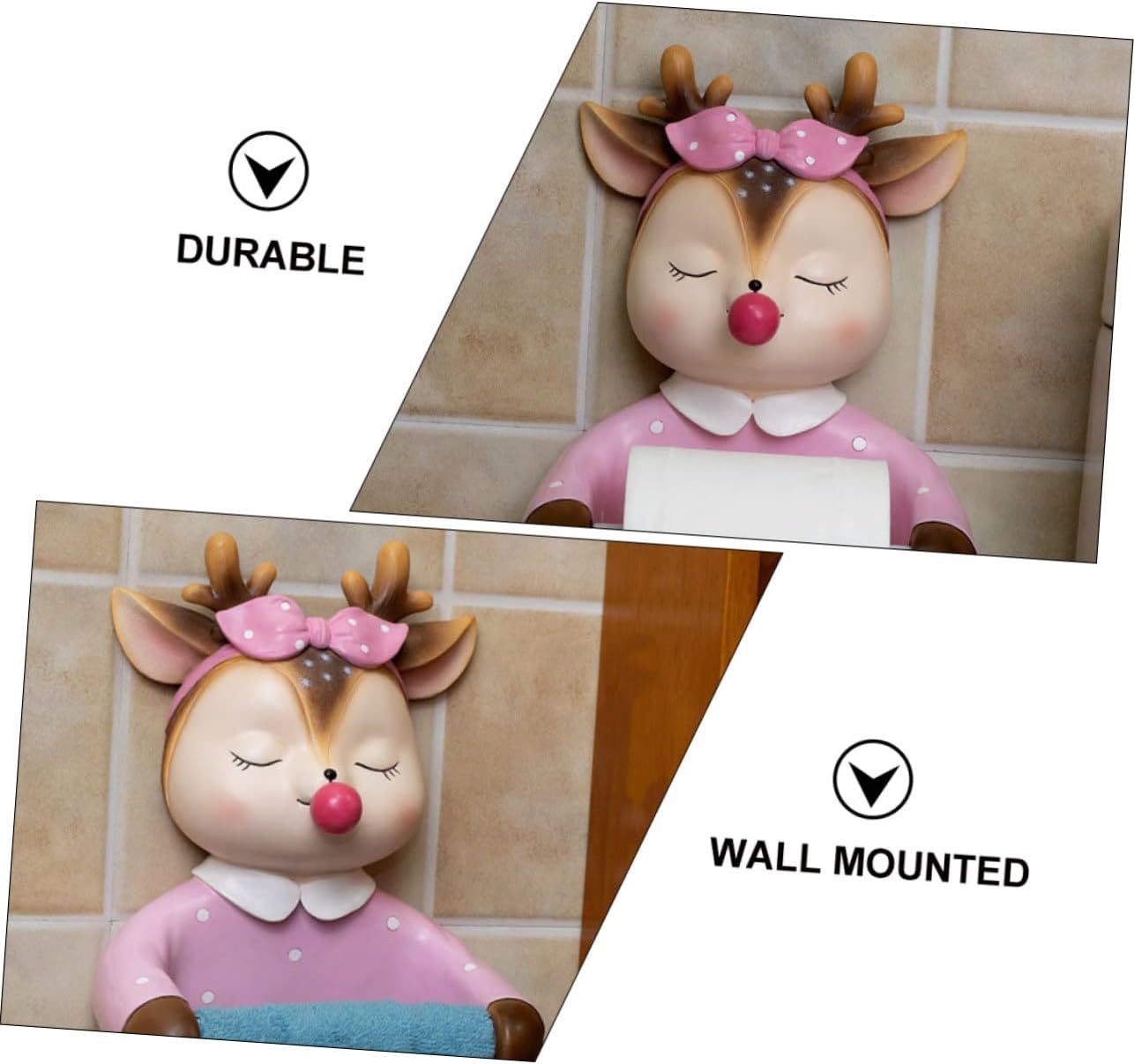DOITOOL Wall-Mounted Cute Cartoon Toilet Paper Holder Pink Decorative Tissue Rack for Bathroom Space-Saving Lovely Deer Design Tissue Dispenser for Home Use