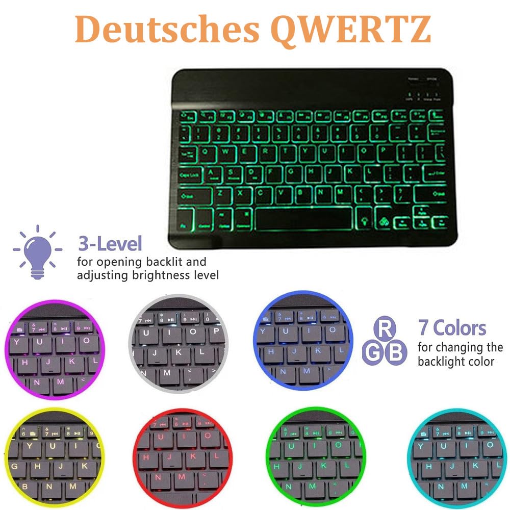 Custodia con tastiera per Lenovo Yoga Tab da 11,1 pollici, tablet 2025 con tastiera a 7 colori, magnetica, wireless, Bluetooth, rimovibile, QWERTZ tedesco, colore nero