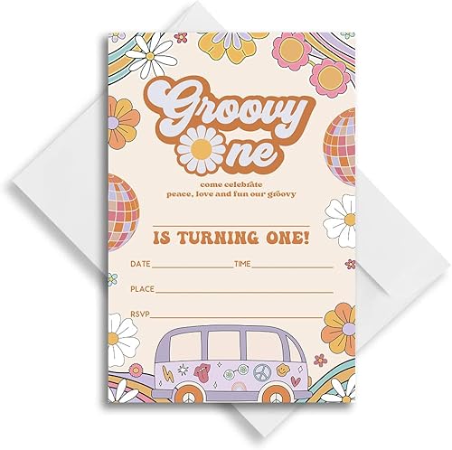 Miniatura 4 de Tarjeta de invitaciones para fiesta de cumpleaños Groovy One, Groovy One Party, Groovy One Birthday Invitation (090)