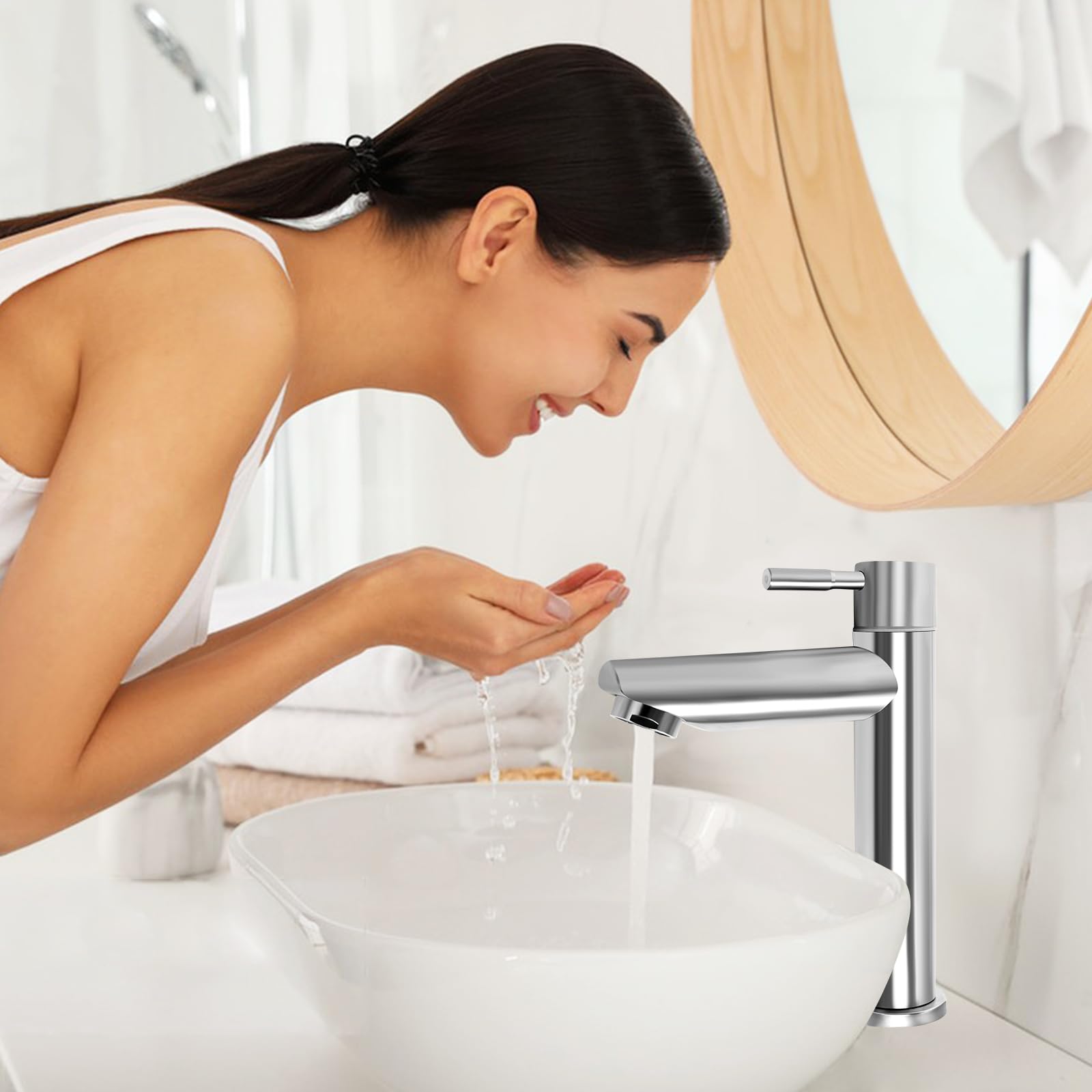 Robinet Eau Froide Inox Brossé Avec Tuyau 80 Cm – Robinet Lavabo Simple, Robuste Et Design Moderne