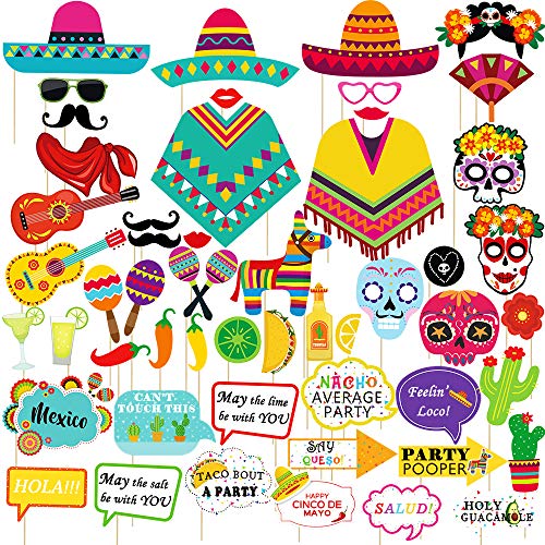 Supla 52 Pack Fiesta Party Decorations Photo Booth Props Selfie Props Sugar Skull Llama Poncho Sombrero Margarita Chili Lemon Cactus Maraca for Mexican Bachelorette Taco Cinco De Mayo Party Supplies