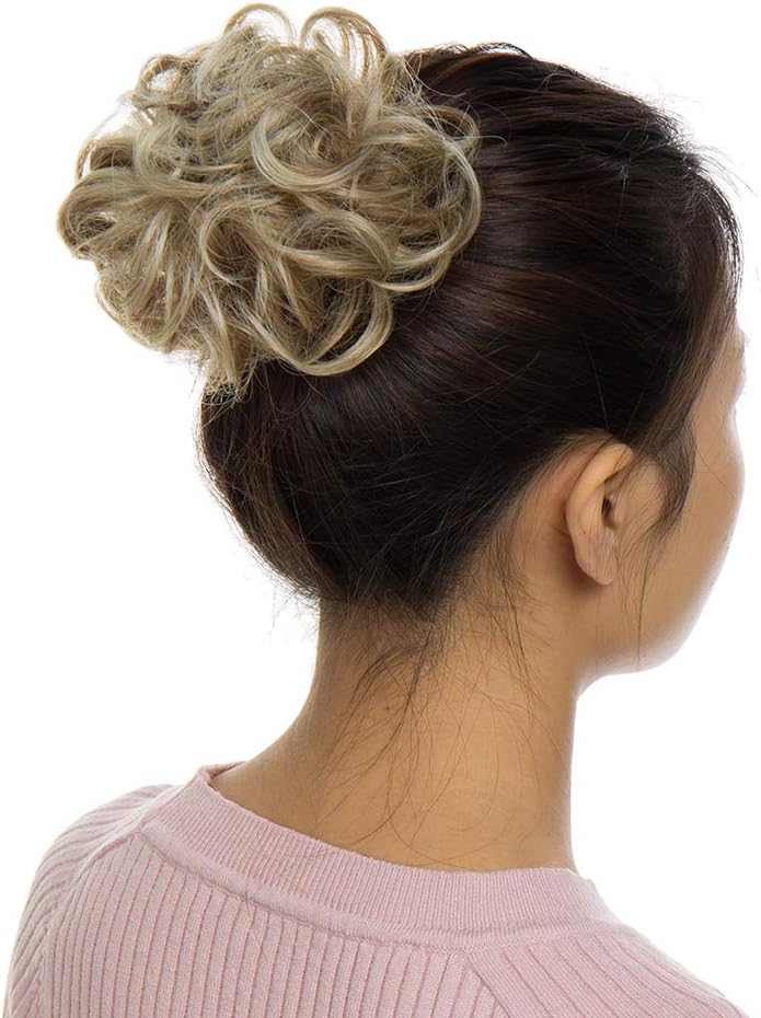Messy Hair Bun Hair Scrunchies Extensions Curly Wavy Hairpiece Synthetic Chignon for Women Updo Ponytail Bun Extension Strawberry Blonde mix Platinum Blonde - Image 4