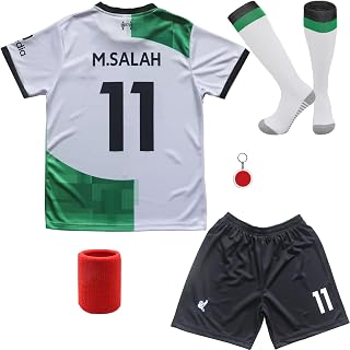 LULIDI Youth Sportswear Mohamed Salah 11 Kids Away Soccer Jersey/Shorts Wristband Keychain Football Socks Set