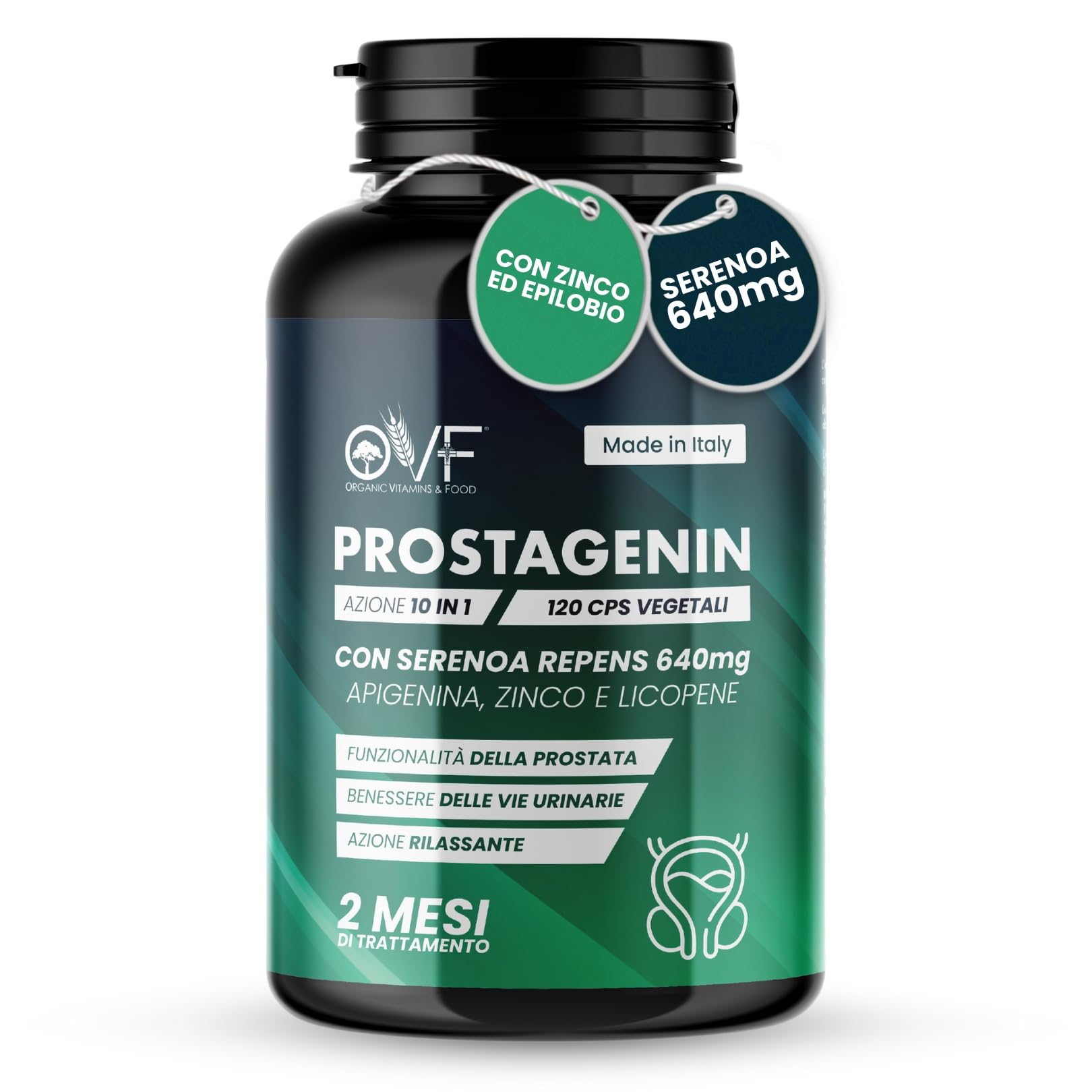 OVF Prostagenin - Serenoa Repens 640mg | 120 Capsule | Formula 4 in 1 con Apigenina, Zinco e Licopene | Supporto per la Funzionalità della Prostata e il Benessere delle Vie Urinarie