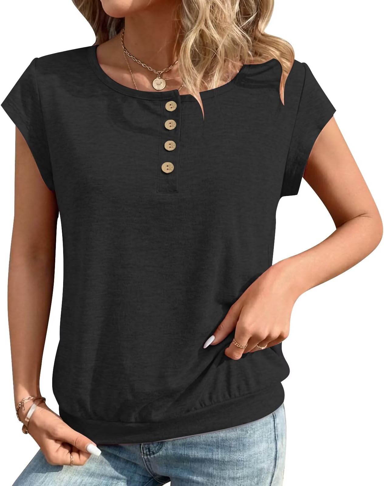- Women's Button Down Crew Neck Cap Sleeve T-Shirt Spring Summer Basic Blouse 2025 Fashion Top Black