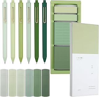 Aesthetic Stationery Set Supplies Sticky Notes Set 6 Mini Correction Tapes 6 Retractable Black Ink Pens 0.5mm Fine Point Paper Corrective Pen Self Stick Index Tabs(Green)