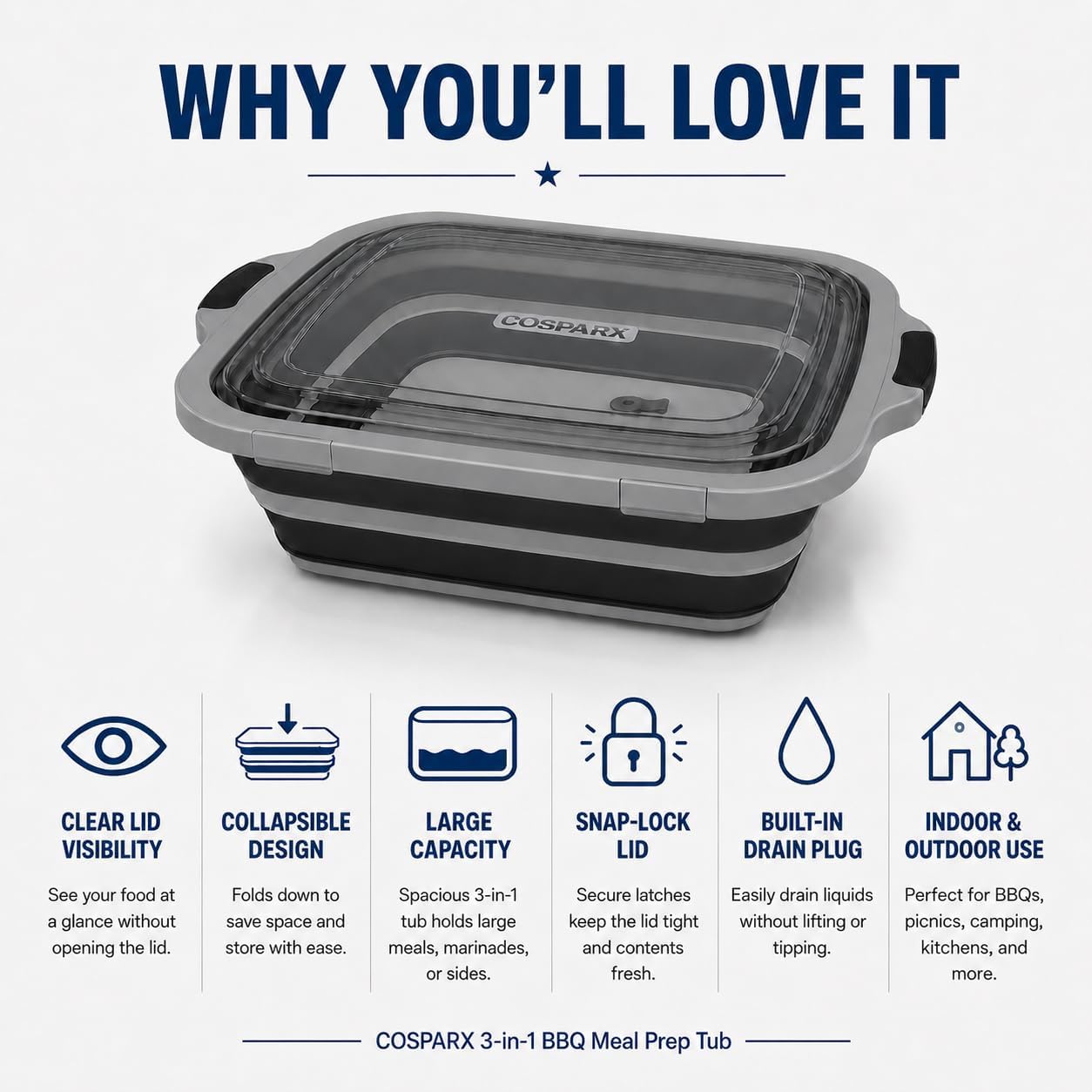 COSPARX XL 3-in-1 Collapsible BBQ Prep Tub with Clear Lid and Drain Plug