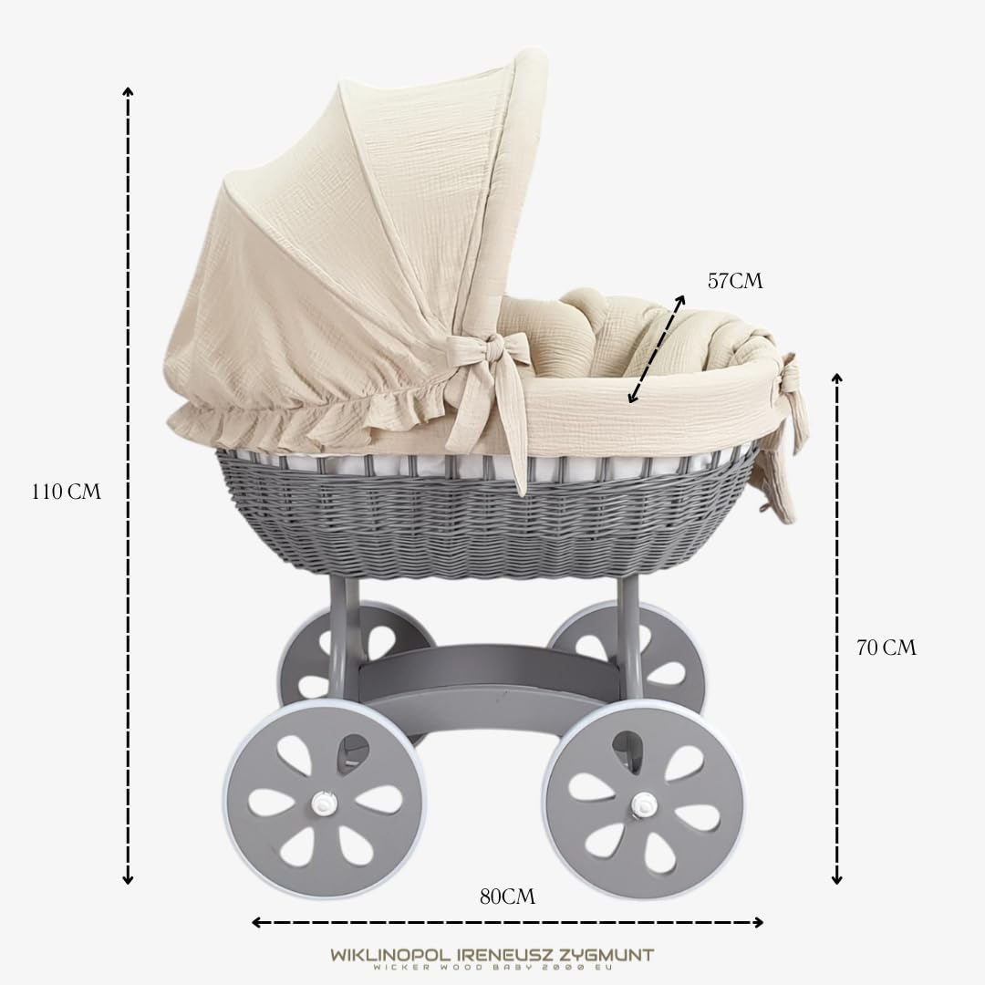 Wiklinopol Culla Annabell – Cestino Moses in vimini naturale con struttura e ruote – Set biancheria in mussola beige 5 pz. – Cestino grigio – con materasso incluso