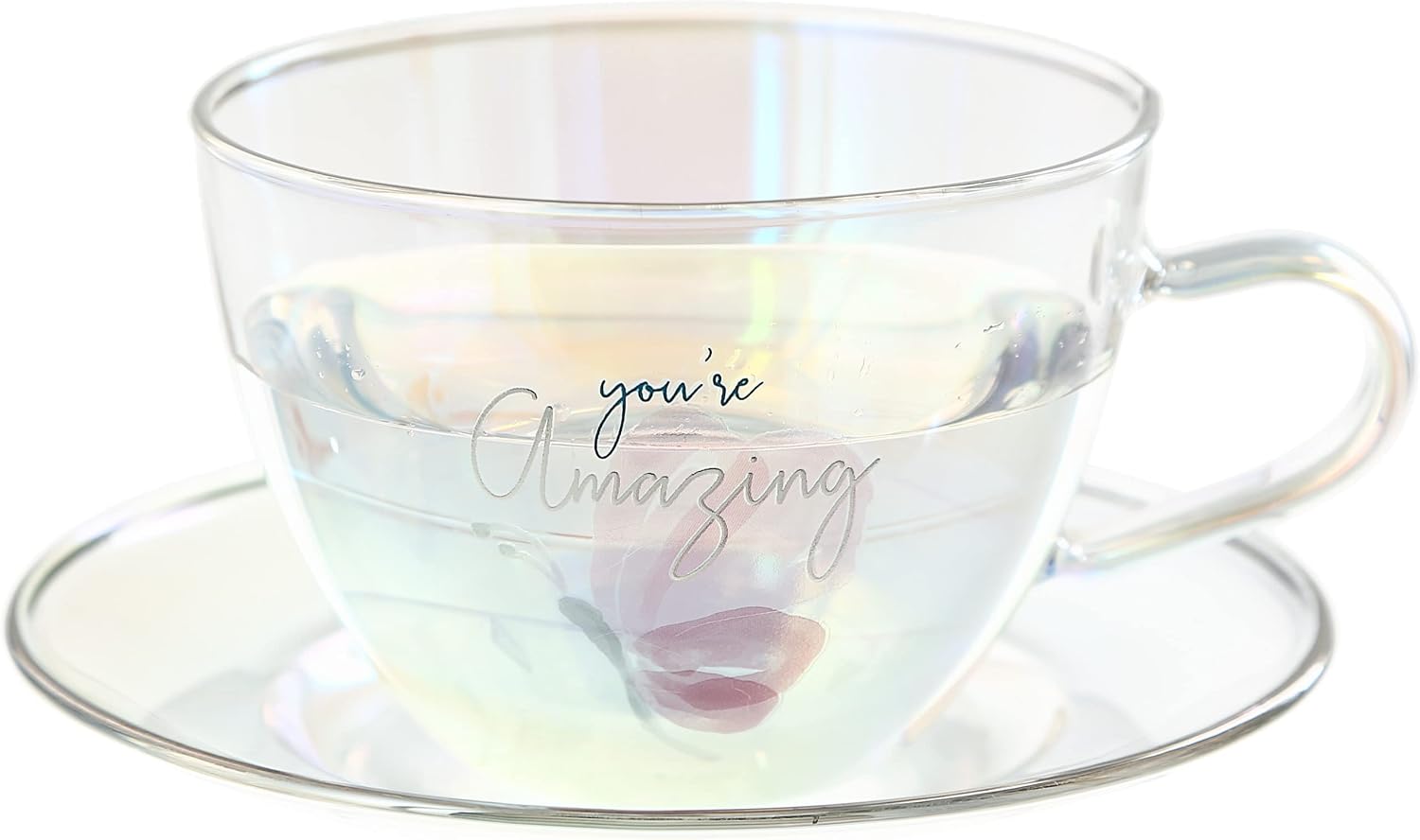 Pavilion Gift Company - You’re Amazing - 7-ounce Glass Teacup with Saucer Set, Iridescent Coffee Cup, Floral Pattern Teacup, Valentine's Day Gift Ideas For Friend, Girlfriend Mug, 1 Count - Pack of 2