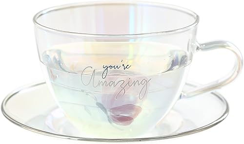 Pavilion Gift Company - You're Amazing - Juego de taza de té de vidrio de 7 onzas con platillo, taza de café iridiscente, taza de té con patrón