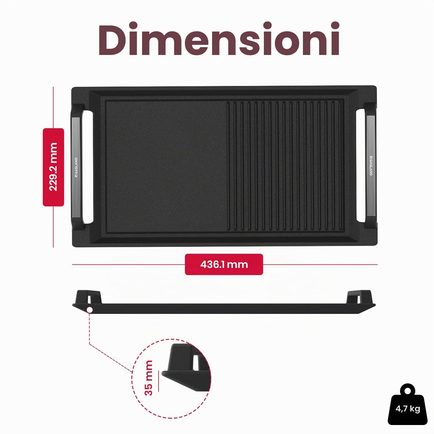 GASLAND IHGD-S23C Piastra Grill con Maniglie Laterali, Teglie per Piani Cottura a Induzione, Ghisa con Rivestimento in Teflon: Protezione Antiaderente e Antiruggine, Accessori, Vassoio Grill