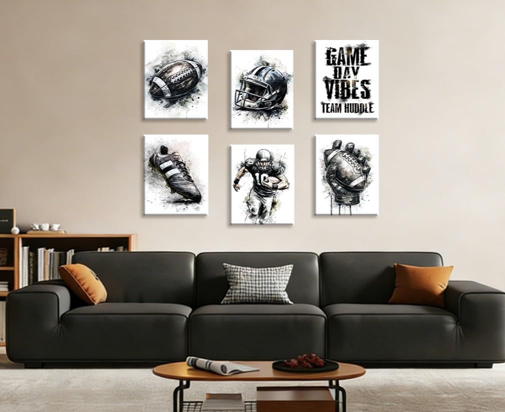 Frimeeme 6Pcs Football Canvas Wall Art, Black White American Football Gaming Posters Painting Prints for Kids Boys Room Locker Room Dorm Living Room - Image 4