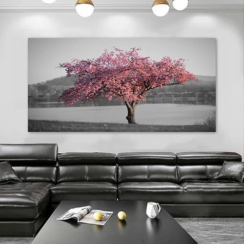 LMYSXAOZ Pink Flower Tree Posters and Prints Landscape Canvas Painting Scenery Wall Art Picture For Living Room Modern Home Decoration 50x100cm No Frame
