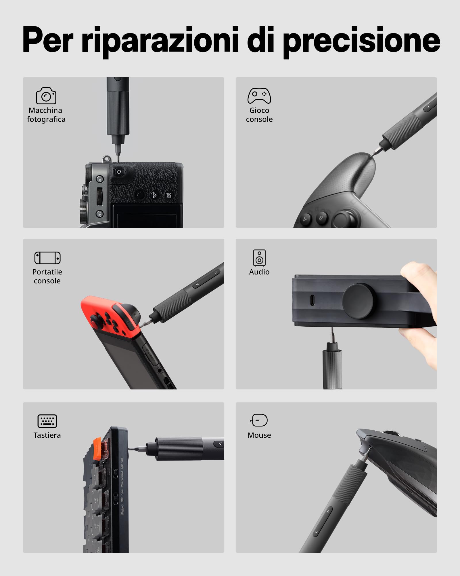 Cacciavite Elettrico HOTO Con 25 Punte Magnetiche S2 - 170 RPM, USB-C, 2 Coppie, Luce LED, Per Riparazioni Elettronica E Occhiali
