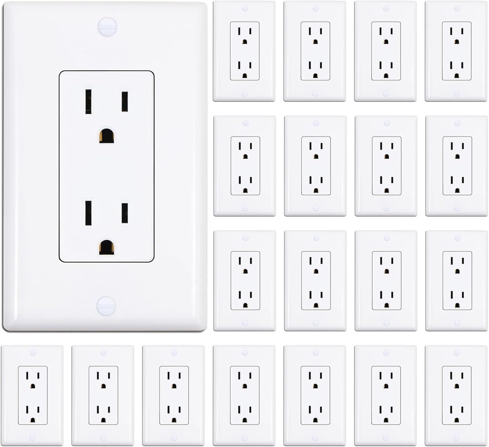 ThunderWay Decorator Receptacle Outlet with Wall Plate, Non-Tamper-Resistant Electrical Outlet, 15 amp Outlet, Self-Grounding, UL Listed, White (20 Pack)