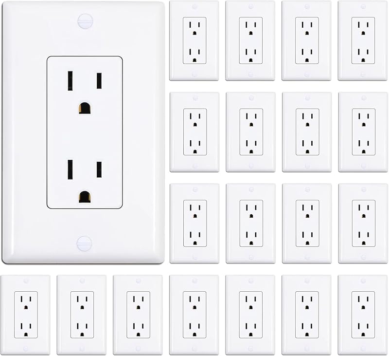 ThunderWay Decorator Outlet 15 Amp Non-Tamper-Resistant, White, 20 Pack | Self-grounding, UL listed, wall plate included. Back-wire or side-screw installation for home and office.