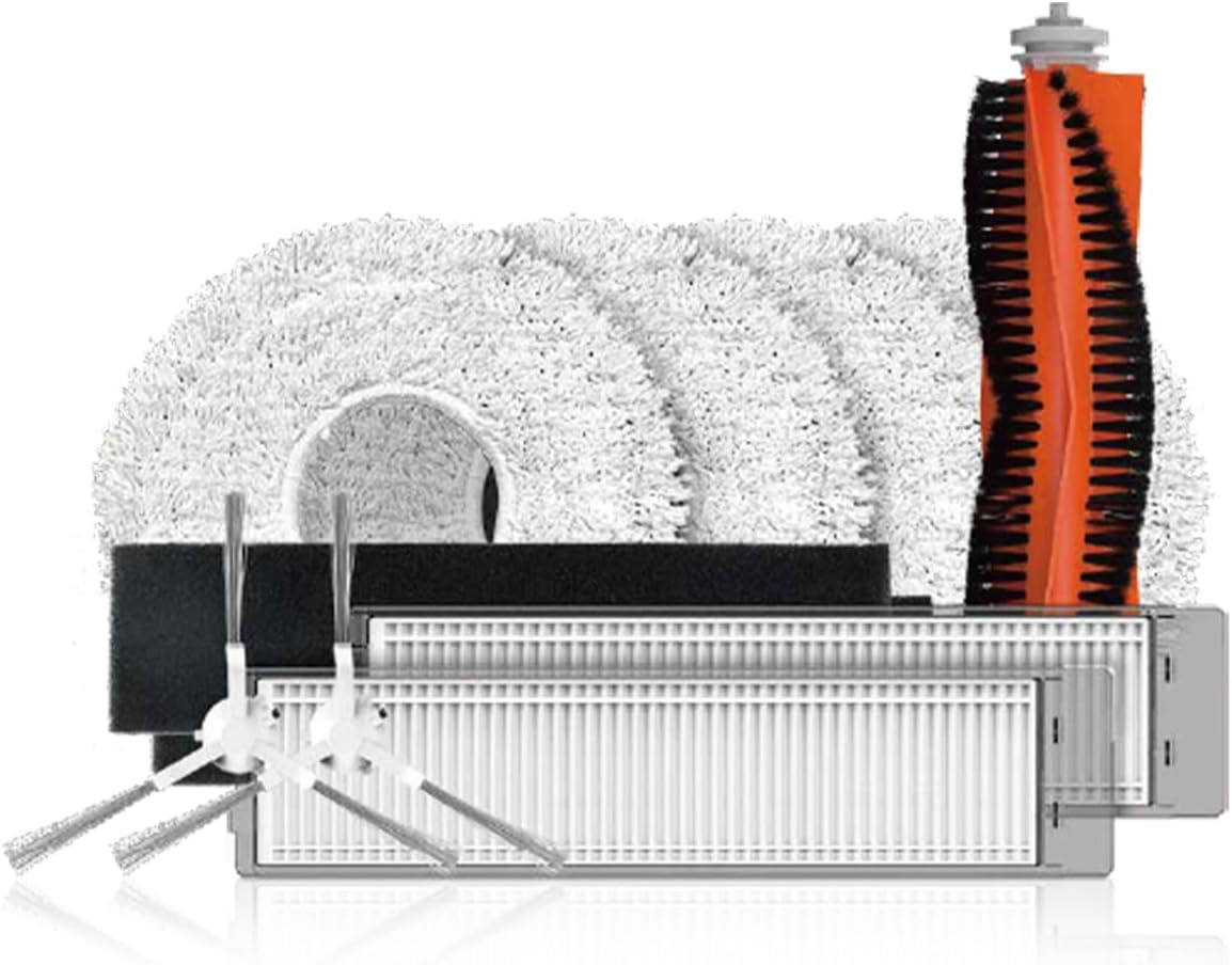 All components of the EZVIZ RS2 Accessory Kit laid out, including one main brush, two side brushes, two filter sponges, two high-efficiency filters, and four mop cloths.