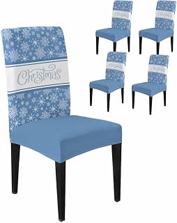 Dining Chair Covers Set of 4, Christmas Snowflakes on Blue Soft Stretch Kitchen Seat Covers, Winter White Snow Seamless Removable Washable Chair Protector for Home Restaurant Banquet