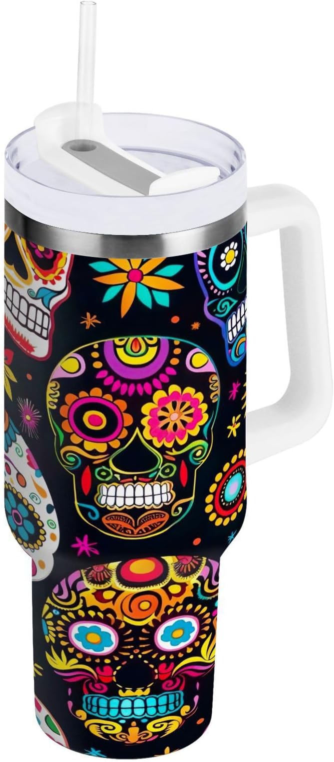 Nander 40oz Beautiful Sugar Skull Tumbler with Handle and Straw Lid,Insulated Coffee Cup Reusable Stainless Steel Water Bottle Travel Mug Cupholder,Keeps Cold or Hot