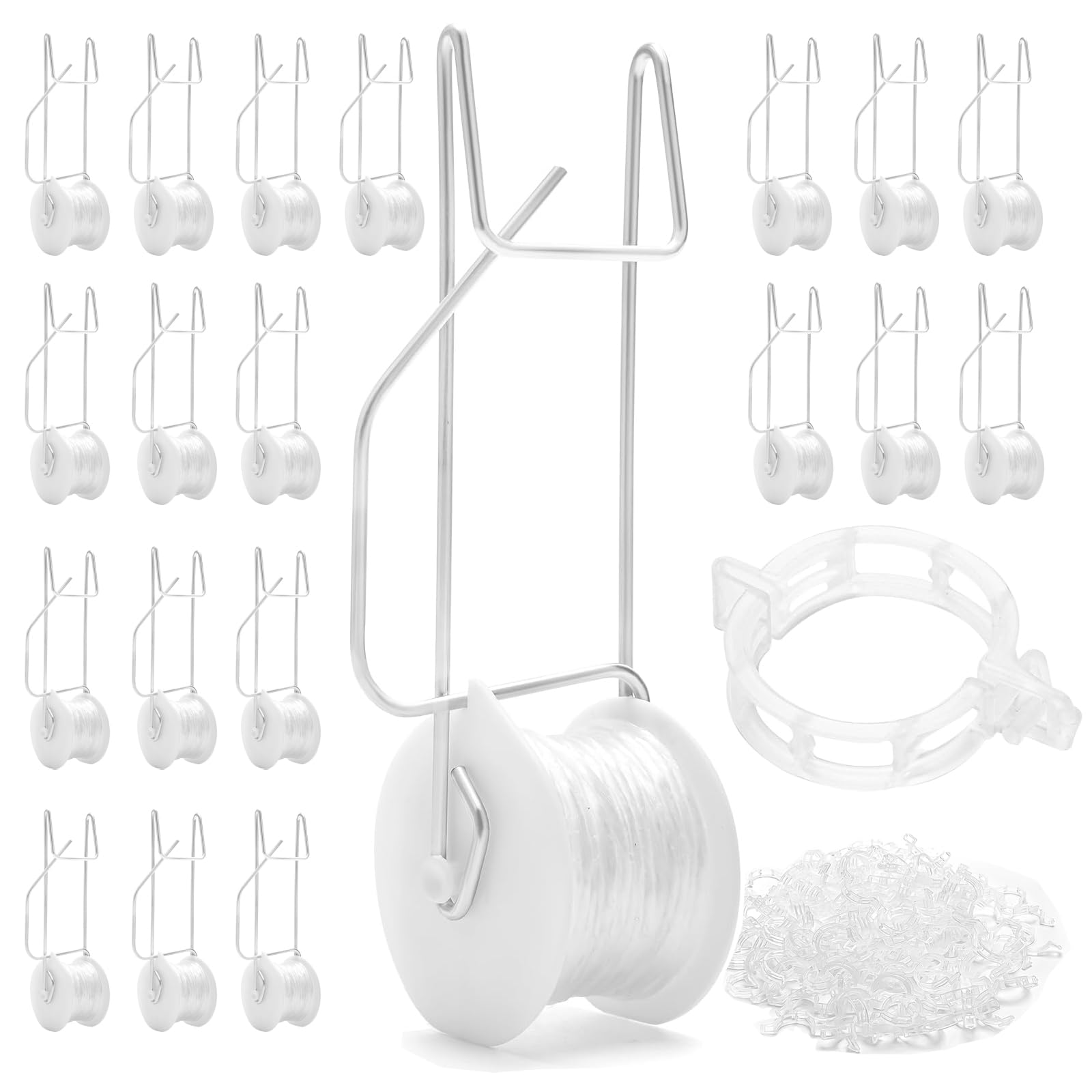 20 Pack Tomato Roller Hooks with 100 Clips & 50FT String - Greenhouse Trellising Kit for Climbing Plants, Tomatoes, Cucumbers - Reusable Metal Plant Support Hooks with Nylon Twine