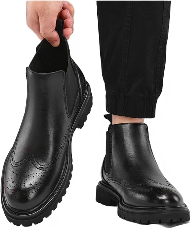 Stivali Chelsea Da Uomo,Scarpe Formali Brogue Da Lavoro Casual Eleganti Stivaletti Traspiranti A Punta,Black- 41/UK 7.5/US 8 - Foto 12